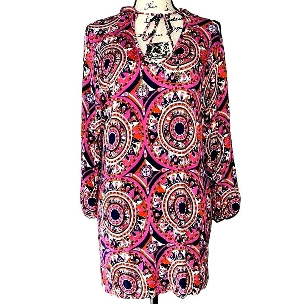 Macbeth Collection Margaret Josephs Pink‎ Orange Medallion Keyhole Shift Dress M